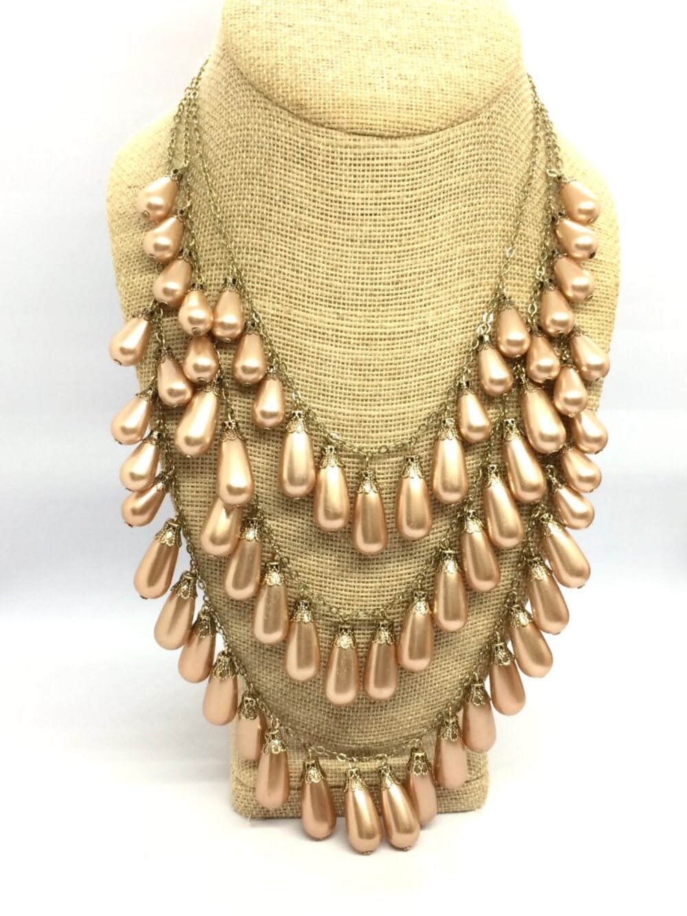 Issac Mizrahi Necklace Faux Pearl Champagne Teardrop Multi Strand Bib Statement